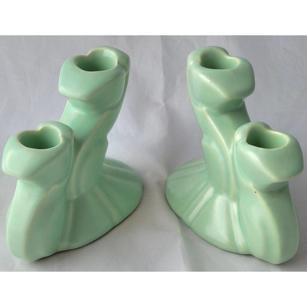 Bauer Pottery Cal-Art Ray Murray Pair Green Candle Holders Mid Century